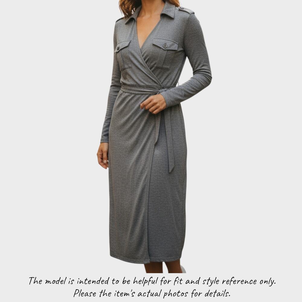 LOFT Gray Long Sleeve Wrap Midi Dress